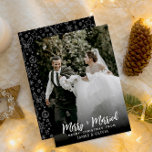 Elegant Simple Merry And Married Newlyweds Photo Holiday Card<br><div class="desc">A very elegant chic newlyweds Christmas photo holiday card. That features whimsical calligraphy of merry and married and under it merry Christmas. With customizable names .And in the back the card we got a modern black and white pattern. And as you see this card is minimal elegant very impressive. So...</div>