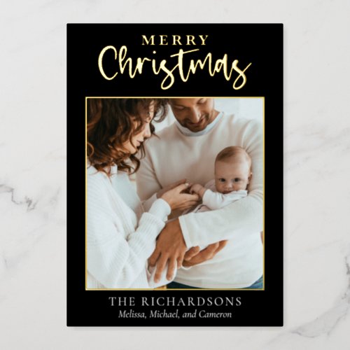 Elegant Simple Merry Christmas Family Photo Trendy Foil Holiday Card