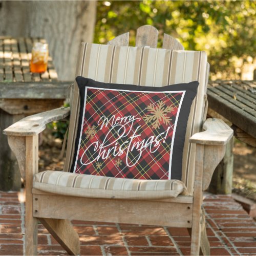 Elegant Simple Merry Christmas Wish Tartan Pattern Outdoor Pillow