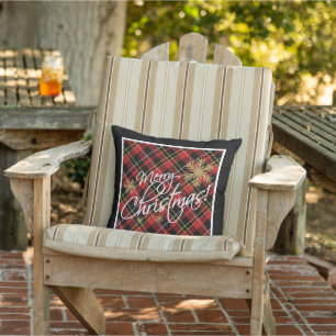 Elegant Simple Merry Christmas Wish Tartan Pattern Outdoor Pillow