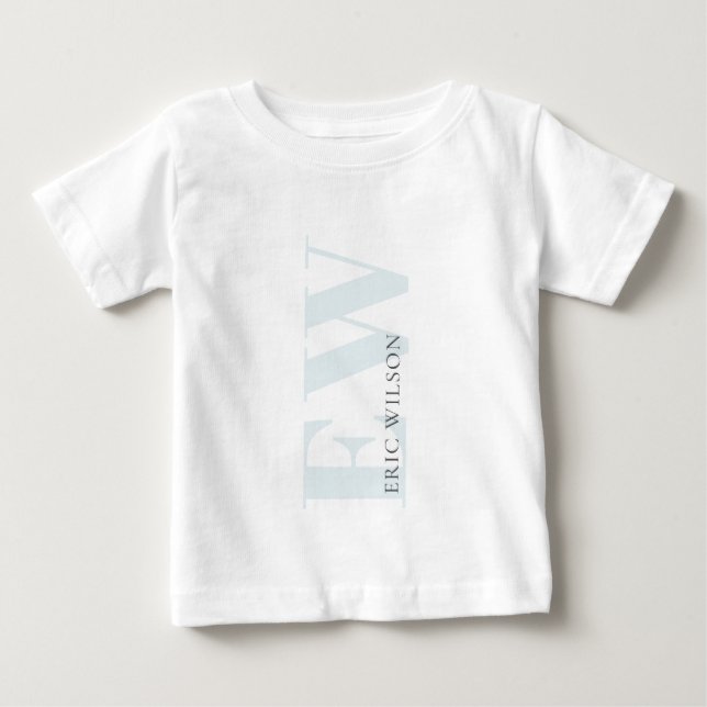 Elegant Simple Minimal Blue Boys Name Monogram Baby T-Shirt (Front)