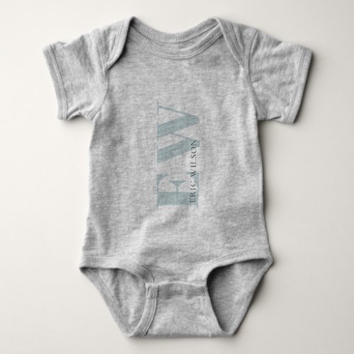 Elegant Simple Minimal Blue Grey Boy Name Monogram Baby Bodysuit