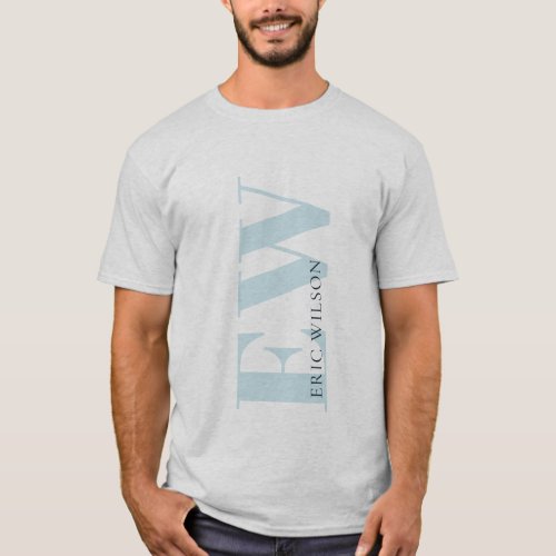 Elegant Simple Minimal Blue Grey Monogram Name T_Shirt