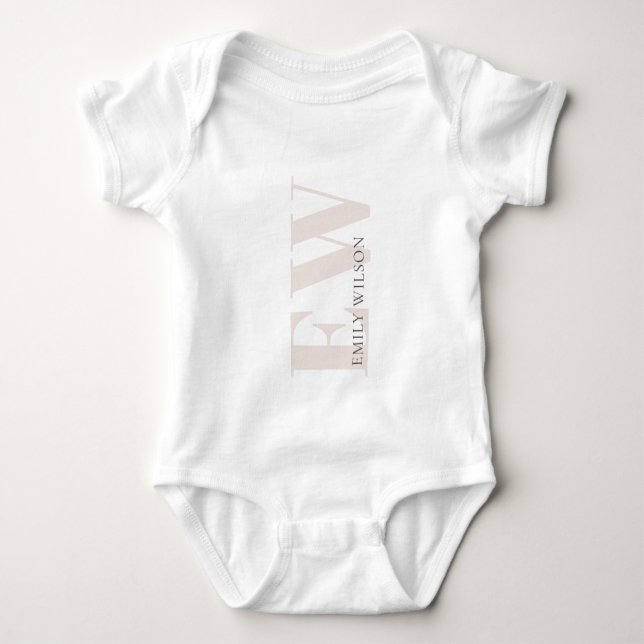 Elegant Simple Minimal Blush Pink Name Monogram Baby Bodysuit (Front)
