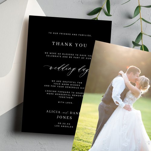 Elegant simple minimal photo black wedding thank you card