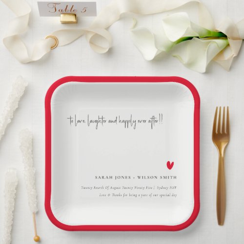 Elegant Simple Minimal Red Heart Script Wedding Paper Plates