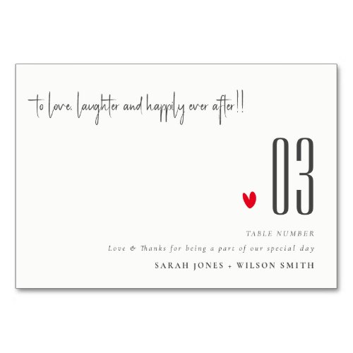 Elegant Simple Minimal Red Heart Script Wedding Table Number