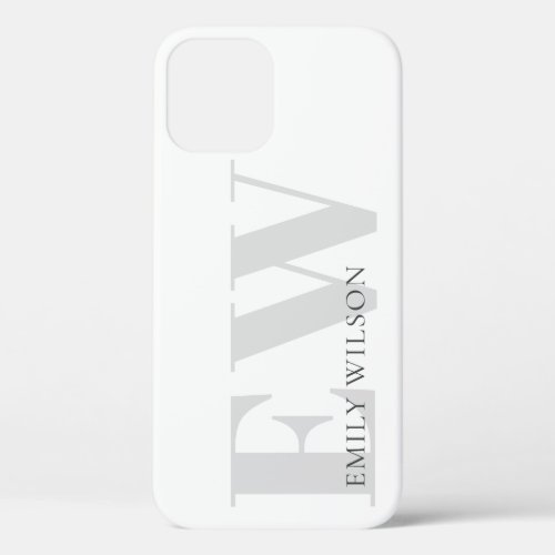 Elegant Simple Minimal White Grey Monogram Name iPhone 12 Case