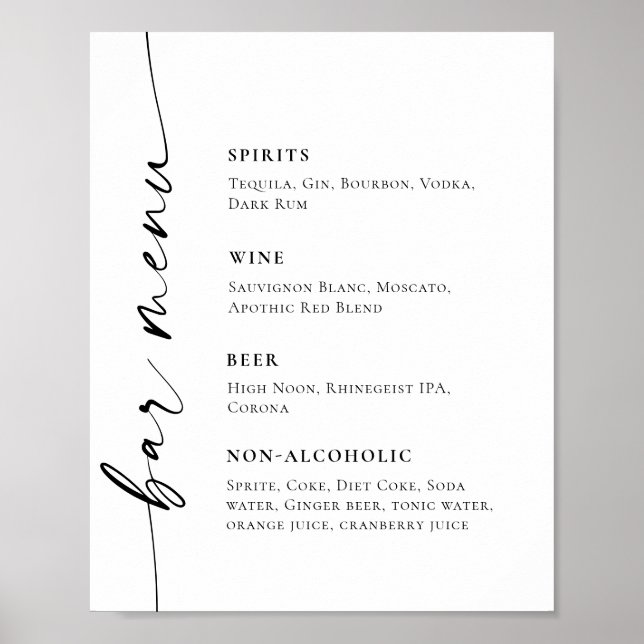 Elegant Simple Minimalist Bar Menu Wedding Poster (Front)