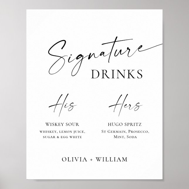 Elegant Simple Minimalist Signature Drinks Wedding Poster (Front)