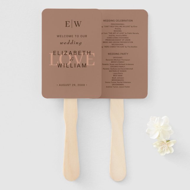 Elegant Simple Mocha Mousse with Monogram Wedding Hand Fan (Front and Back)