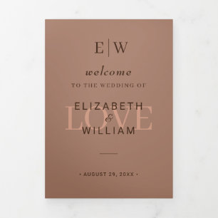 Elegant Simple Mocha Mousse with Monogram Wedding Tri-Fold Program