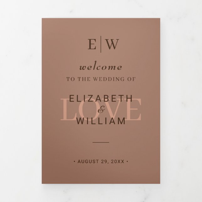 Elegant Simple Mocha Mousse with Monogram Wedding Tri-Fold Program (Cover)