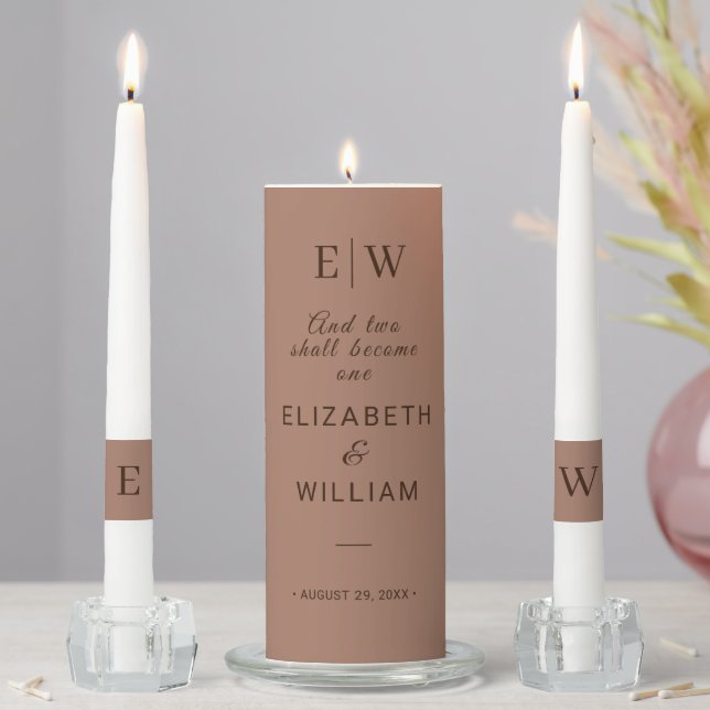 Elegant Simple Mocha Mousse with Monogram Wedding Unity Candle Set (In Situ)