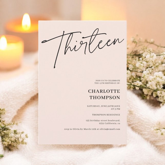 Elegant simple modern black blush photo Thirteen Invitation (Elegant simple modern black blush photo Thirteen Invitation)