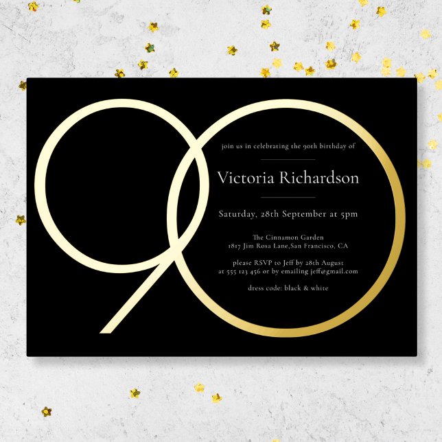  Elegant Simple Modern Black Gold 90th Birthday Foil Invitation (Mockup View)