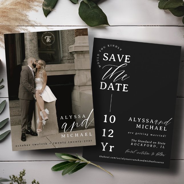 Elegant Simple Modern Black & White Photo Wedding Save The Date (Elegant modern photo typography inline simple wedding save the date, black and white, moody, dark)