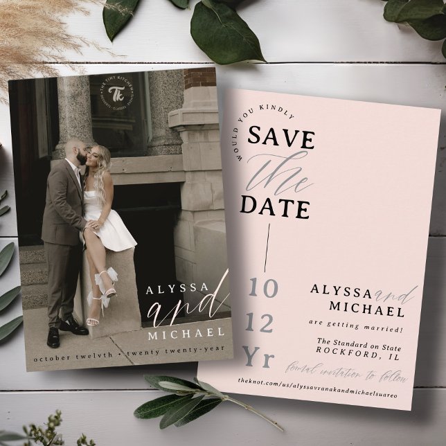 Elegant Simple Modern Blush Pink Photo Wedding Save The Date (Elegant modern photo typography script simple wedding save the date, blush pink, black, gray, white)
