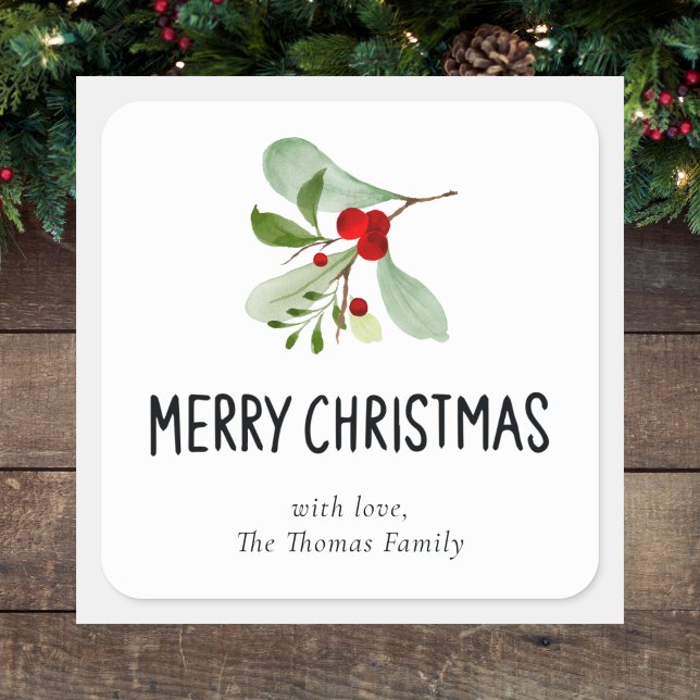 Elegant Simple Modern Botanical Greenery Christmas Square Sticker (Creator Uploaded)