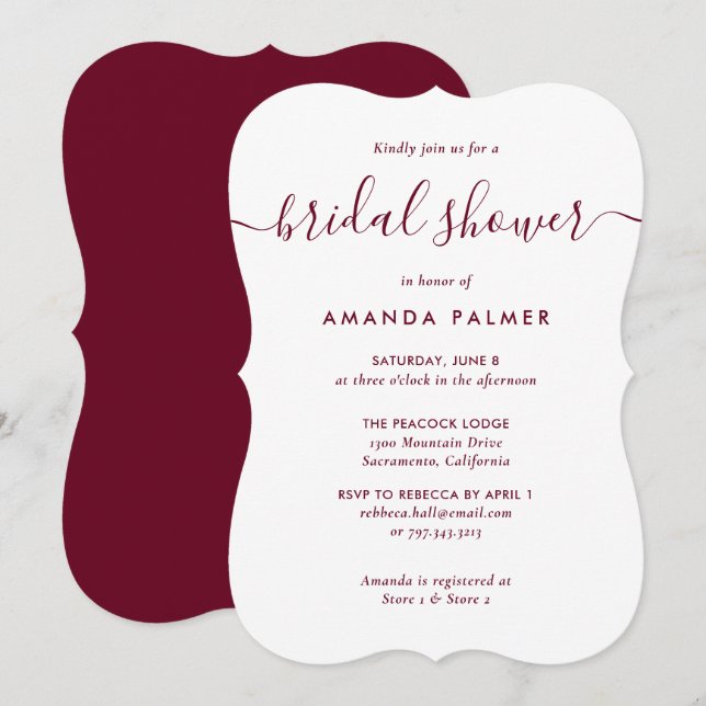 Elegant Simple Modern Burgundy Bridal Shower Invitation (Front/Back)