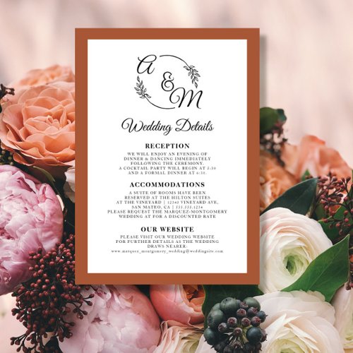 Elegant Simple Modern Burnt Orange Wedding Details Invitation