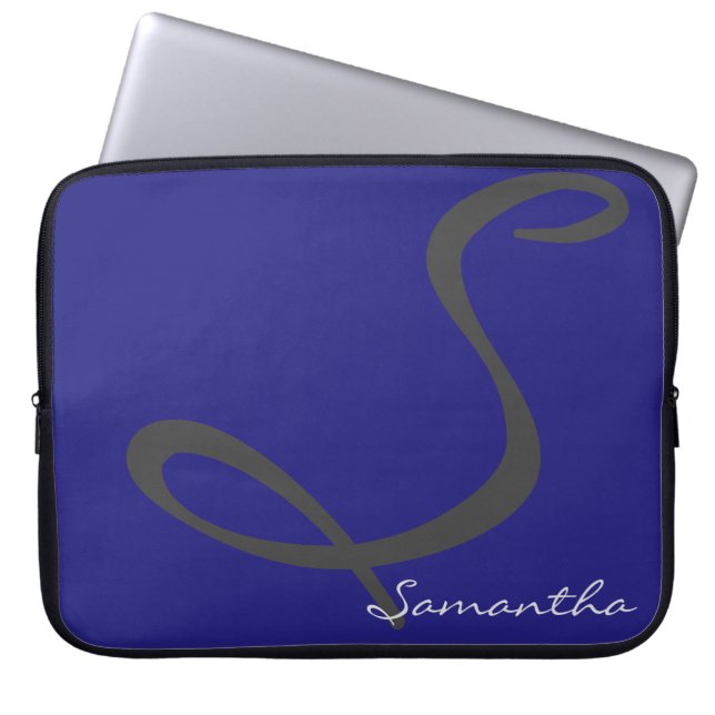 elegant simple modern chic trendy monogram blue laptop sleeve (Front)