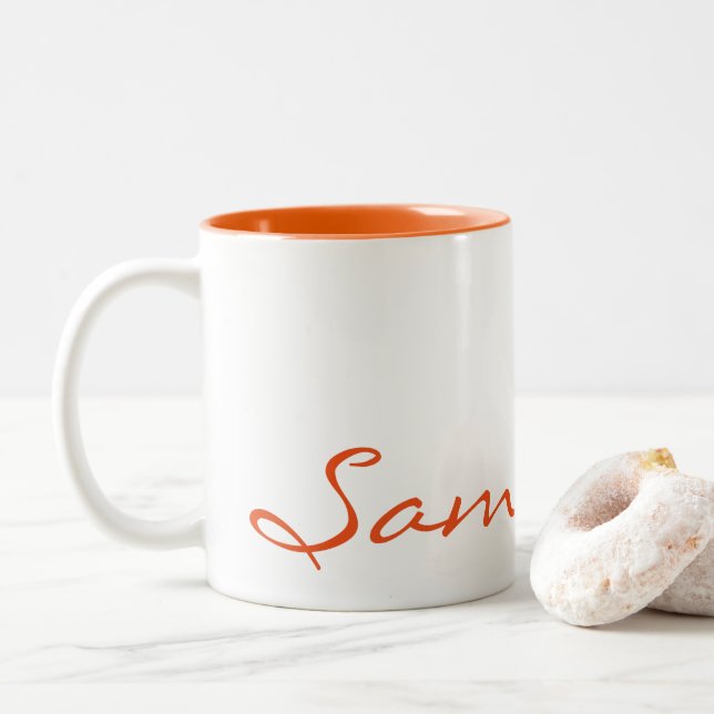 elegant simple modern chic trendy monogram orange Two-Tone coffee mug (With Donut)