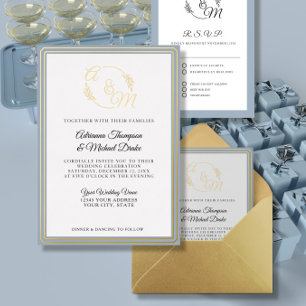 Elegant Simple Modern Dusty Blue Gold Foil Wedding Foil Invitation