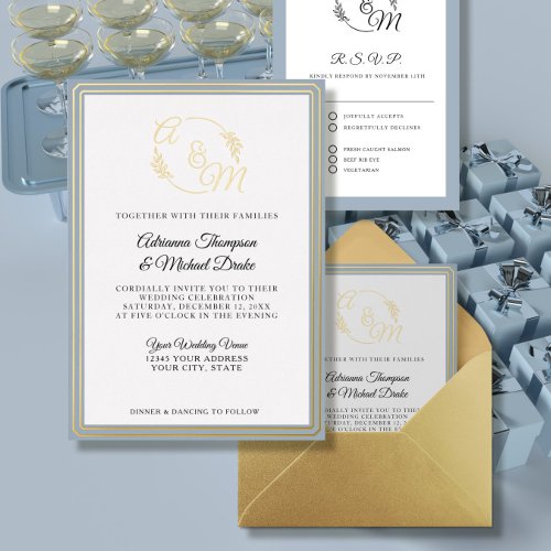 Elegant Simple Modern Dusty Blue Gold Foil Wedding Foil Invitation