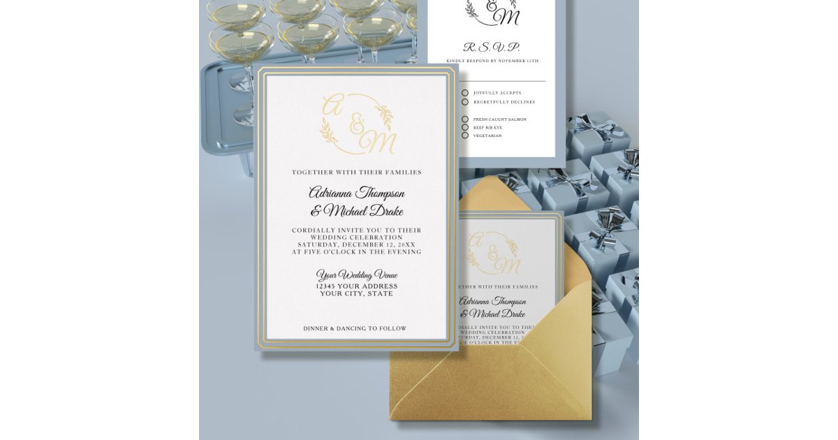 Elegant Simple Modern Dusty Blue Gold Foil Wedding Invitation | Zazzle