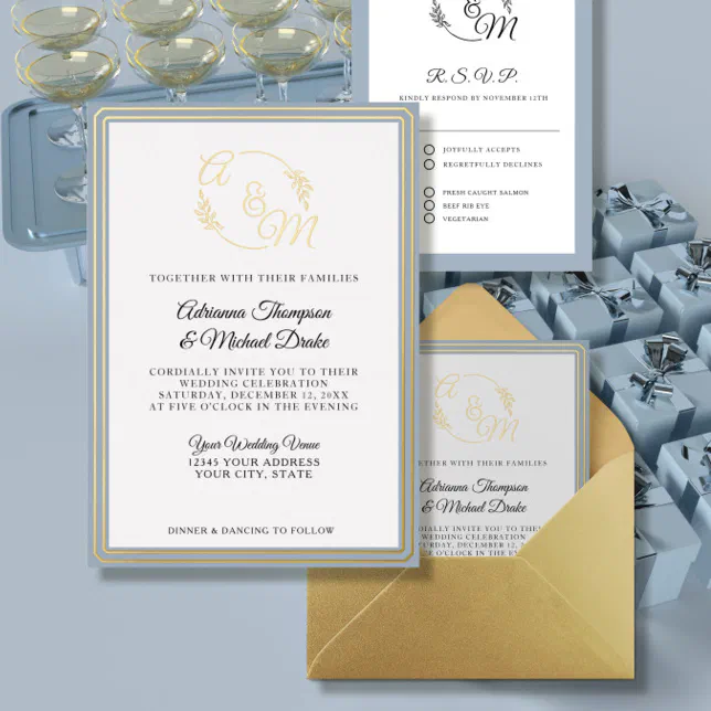 Elegant Simple Modern Dusty Blue Gold Foil Wedding Invitation | Zazzle