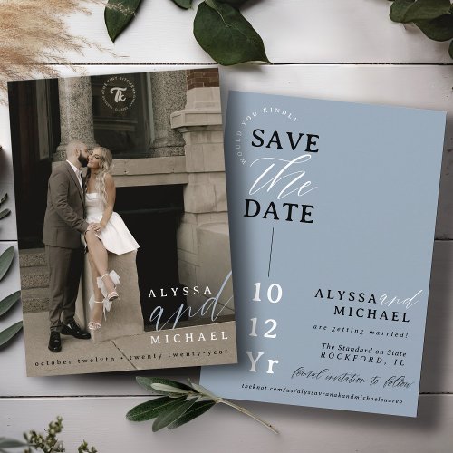 Elegant Simple Modern Dusty Blue Photo Wedding Save The Date