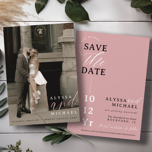 Elegant Simple Modern Dusty Rose Photo Wedding Save The Date (Elegant modern photo typography script simple wedding save the date, black and white dusty rose pink)