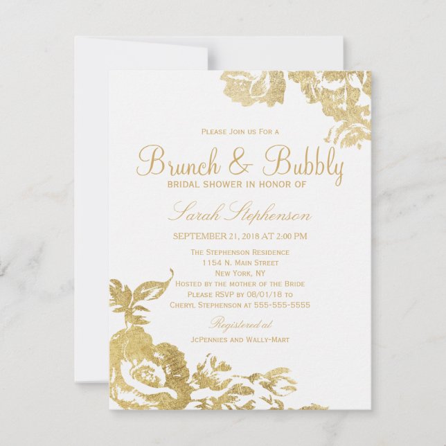 Elegant Simple Modern Floral Gold Brunch Bubbly Invitation (Front)
