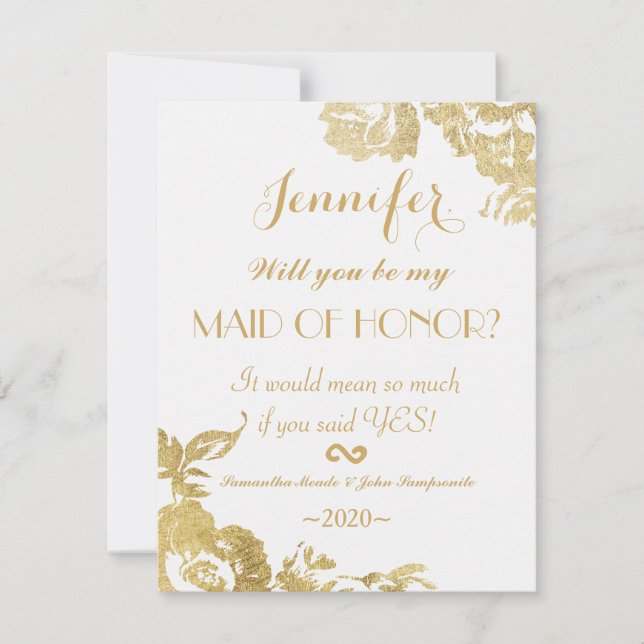 Elegant Simple Modern Floral Gold Maid of Honor Invitation (Front)
