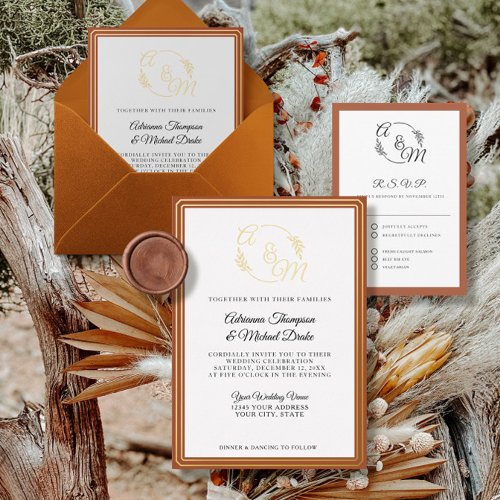 Elegant Simple Modern Gold Burnt Orange Wedding Foil Invitation