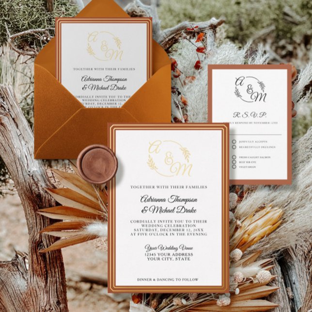 Elegant Simple Modern Gold Burnt Orange Wedding Foil Invitation (Creator Uploaded)