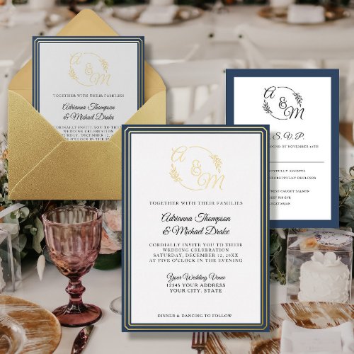 Elegant Simple Modern Gold Foil Navy Blue Wedding Foil Invitation