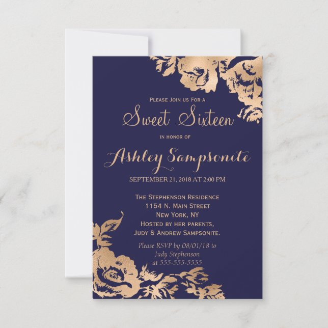 Elegant Simple Modern Gold Navy Floral Sweet 16 Invitation (Front)