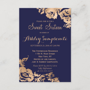 Elegant Simple Modern Gold Navy Floral Sweet 16 Invitation