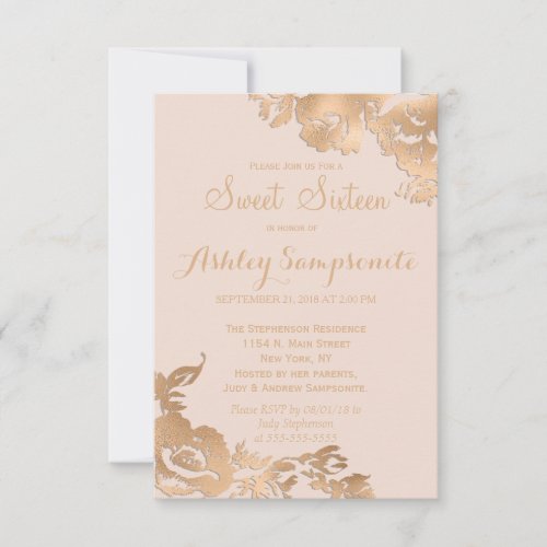 Elegant Simple Modern Gold Pink Floral Sweet 16 Invitation