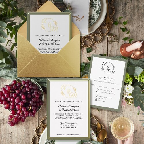 Elegant Simple Modern Gold Sage Green Wedding Foil Invitation