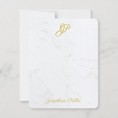 Elegant Simple Modern Gold Script Monogram Marble Note Card