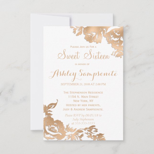 Elegant Simple Modern Gold White Floral Sweet 16 Invitation (Front)