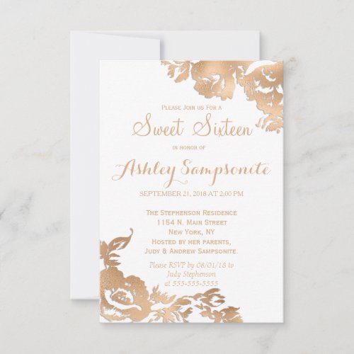 Elegant Simple Modern Gold White Floral Sweet 16 Invitation