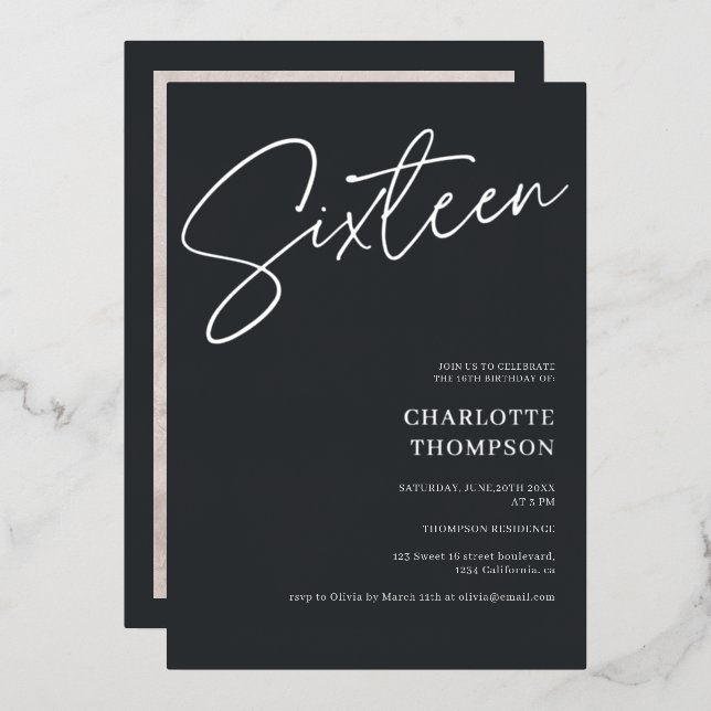 Elegant simple modern gray photo Sweet 16 silver Foil Invitation (Front/Back)