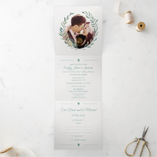 Elegant Simple Modern Green Floral Wreath Wedding Tri-Fold Invitation