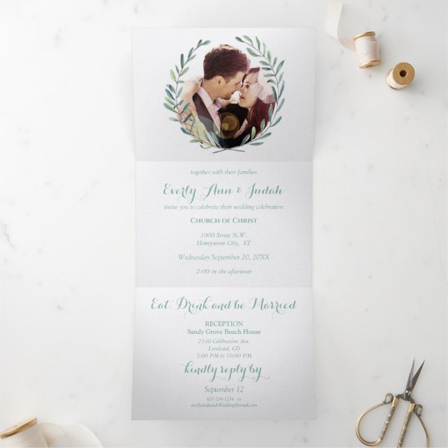 Elegant Simple Modern Green Floral Wreath Wedding Tri-Fold Invitation (Inside)