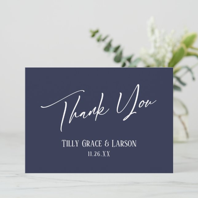 Elegant Simple Modern Handwriting Navy Blue Thank You Card (Standing Front)