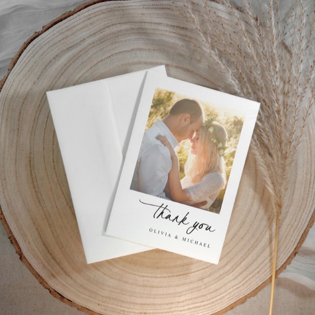 Elegant Simple Modern Handwriting Wedding Thank You Card (Custom printed wedding thank you cards in a modern handwriting script and photo - message on back)